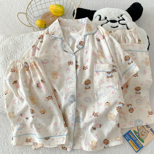 UKUHPK Summer Pyjamas Frauen Wolken Baumwolle 120g Lapel Cardigan Kurzarm Shorts Hosen dreiköpfige Set niedliche Heimkleidung 9901# Pink Border Mike M.