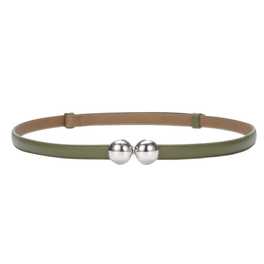 Adjustable women's thin belt, fashionable spherical double-buckle belt, versatile cowhide belt, women's decoration, dress strap 15939-Cai Green 95cm 50-