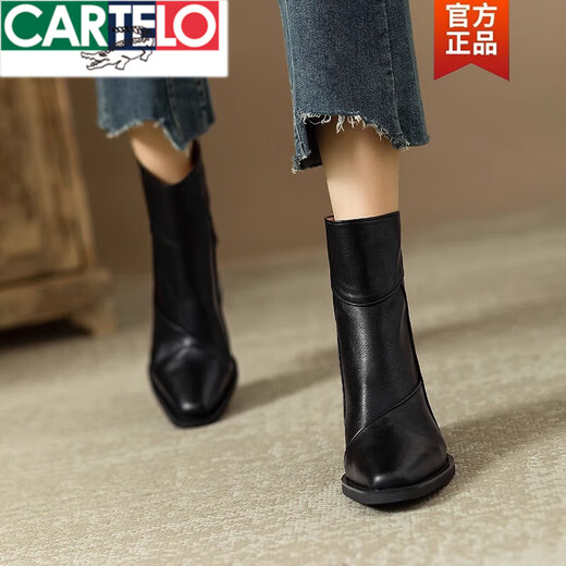 卡帝乐鳄鱼（CARTELO）粗跟短靴女2025新款春秋单靴高跟靴子棕色瘦瘦靴英伦风复古马丁靴 棕色 35