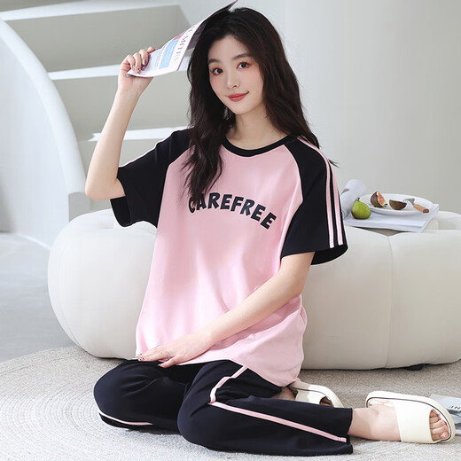 Catman 100% pure cotton pajamas for women in summer short-sleeved trousers casual loose women's home clothes large size can be worn out for outfits 688 pink 2XL [recommended 140-160Jin [Jin equals 0.5 kg]]