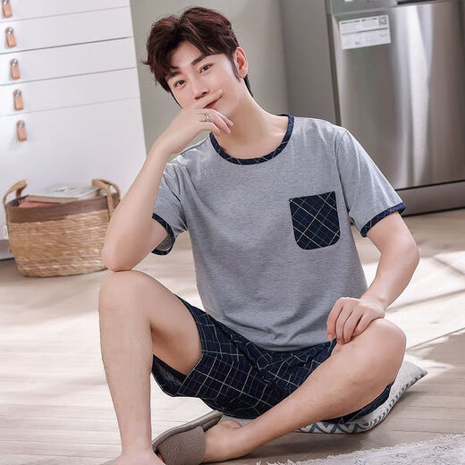 Mu fengqing Herren-Pyjamas für die Sommerkleidung für Männer in der Kurzärmer-Kurzleiste für den Sommer für den Sommer mittleren Alters und Fett-Plus-Größe Set 9922 [H-Serie Herren-Kurzärmel-Shorts Set] l [vorgeschlagen 100-130 Jin [Jin gleich 0,5 kg]]
