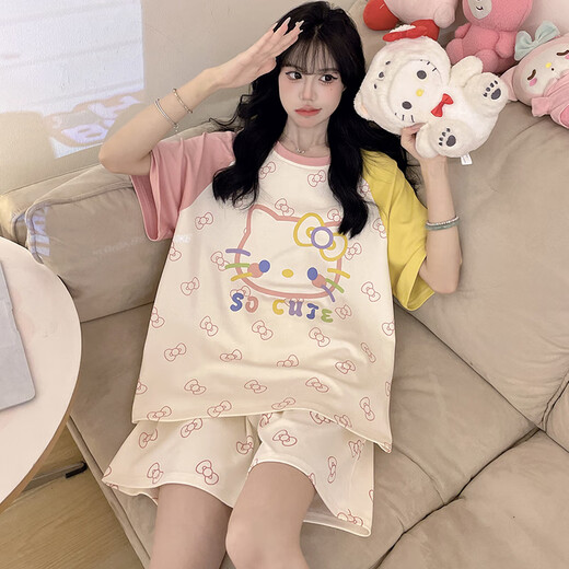 蜡笔小新纯棉睡衣女款夏季短袖薄款卡通可爱学生加大码胖mm家居服 QYS9928 M （适合80-100斤）