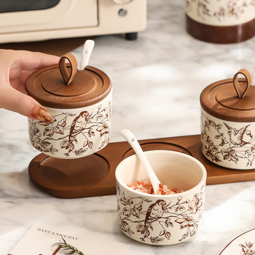 Timeless Queyue Branch Ceramic Seasoning Jar Set Home Kitchen Seasoning Salt Shaker Combination High-Level 3 Packs of Queyue Branch Seasoning Jars - With Storage Tray