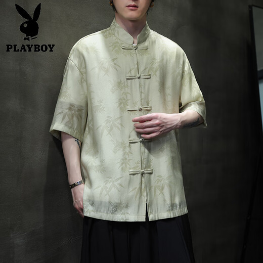 花花公子（PLAYBOY）夏季轻薄款短袖衬衫新中式古风盘扣唐装男装中国风竹叶上衣中山装 CS9898白色 L