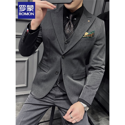 ROMON suit men's high-end business formal wear, high-end sensible lapel collar, groom's wedding dress, casual suit for men, two buttons - dark gray suit + pants S Recommended weight 80-95 Jin Jin equals 0.5 kg Wear