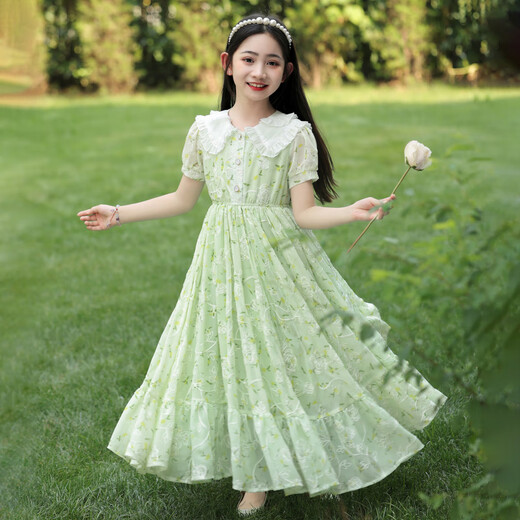 G.DUCK KIDS girls' dress summer 2025 new fashionable children's chiffon floral skirt thin big children's summer cotton skirt 6630 light blue free pearl headband 160 cm