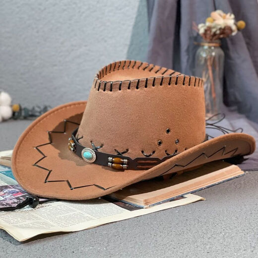 Qiao Ting American Western Cowboy Hat Gem Belt Retro American Western Cowboy Hat for Men and Women Spring and Autumn Travel Sun Hat Large Brown M (56-58cm)