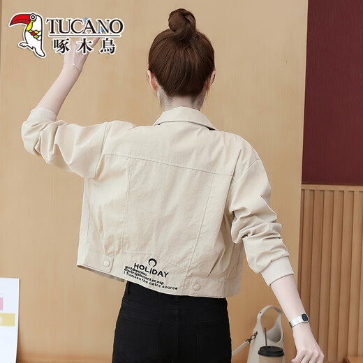 Woodpecker Women's Short Jacket Short Size Spring and Autumn Clothing 2025 Korean New Fashionable and Versatile BF Baseball Jacket Trendy Apricot M