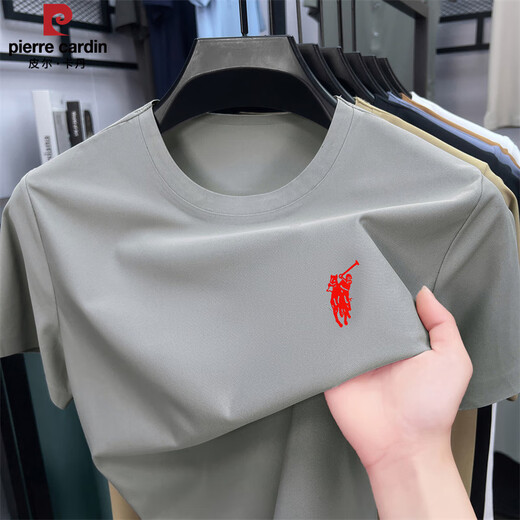 Pier Cardin Mulberry Silk Ice Silk Men's Summer New Round Neck Thin Cool Top Middle-aged Dad Base Shirt Half Sleeve T-shirt Khaki-13588KSP S 165/80A Recommended 100-115Jin [Jin equals 0.5 kg]