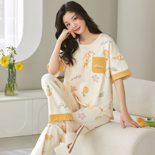 睡衣带胸垫夏季女款圆领短袖长裤家居服套装两件套 女士黄色套装 1343-20 L 女（建议105-120斤）