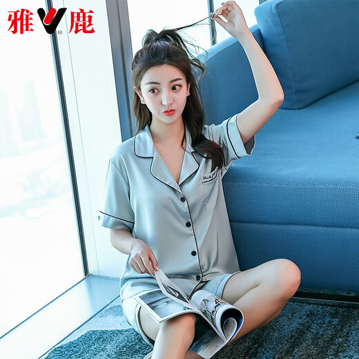 Yalu High-End-Shortsleeved Shorts Pyjamas Damen Seide Neue Sommer Satin Anzug Dünne Freizeitkleidung 3899 Hellgrau M (Gewicht 85 bis 99)