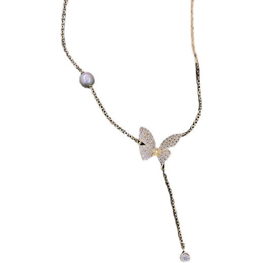 Fat Donglai purchased the same style tassel pearl pendant, gentle and fashionable S925 silver necklace, shiny zircon inlaid butterfly