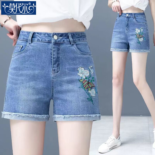 莫代尔刺绣牛仔短裤女25夏季新款高腰高弹力宽薄款阔腿夏装显瘦a字热裤 698纽扣拉链毛边脚4分裤 27 码两尺建议90-100斤可穿