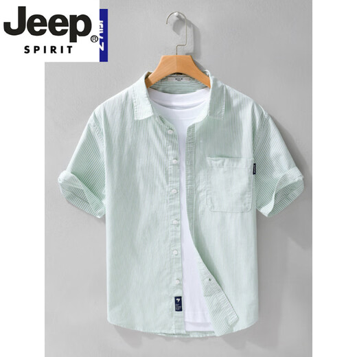 
JEEP SPIRIT high-end men's pure cotton short-sleeved shirt Japanese casual summer thin striped shirt new trendy splicing top 9740 black 3XL
