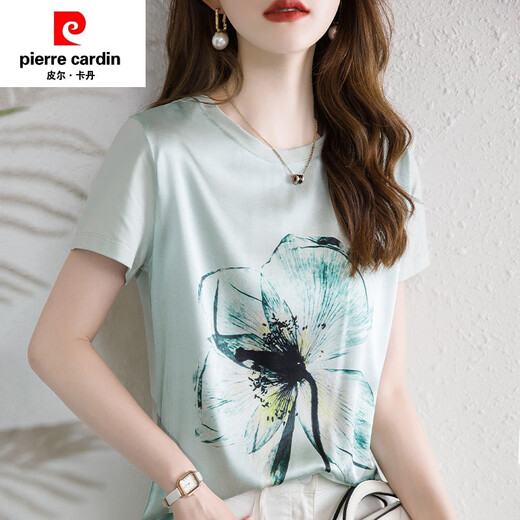 皮尔卡丹（PIERRE CARDIN）桑蚕丝100%剪标专柜欧货女装夏季印花桑蚕丝真丝短袖t恤女上衣 6167白色 S