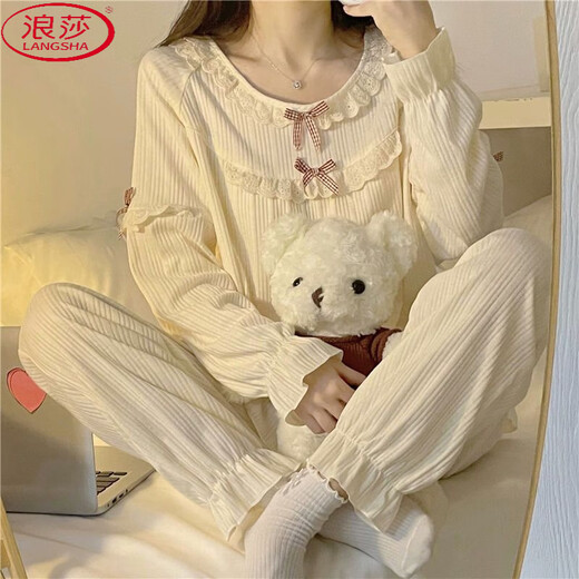 Langsha Pyjamas (Langsha) Frauen Frühlings- und Herbst-Spitzen-Spitzen-Lace Casual Princess Style Bow 2025 Neues Ins Girls 'Home Clothing Set 1105 Butterfly Spitzenkragen [Langarmanzug] M 70-95jin [Jin gleich 0,5 kg]