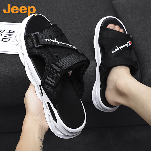 吉普（JEEP）男士拖鞋夏季外穿潮流防滑防臭厚底一字拖青少年户外运动沙滩凉鞋 黑色(主图款) 39 现货速发