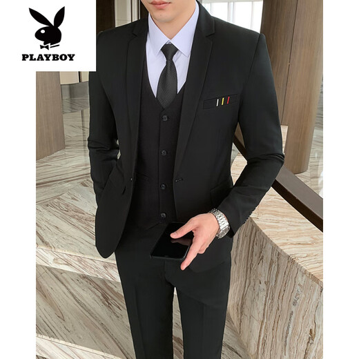 
Playboy (PLAYBOY) men's suit Korean style slim wedding groomsmen's small suit jacket for young casual business formal dress for men black [suit + shirt] tie M