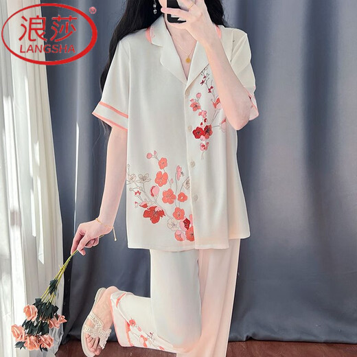 浪莎（LangSha）真丝睡衣女春夏天短袖冰凉薄款2025中国风感真丝绸家居服套装 1203#红色梅花[高品质冰丝] M [建议80-100斤穿]