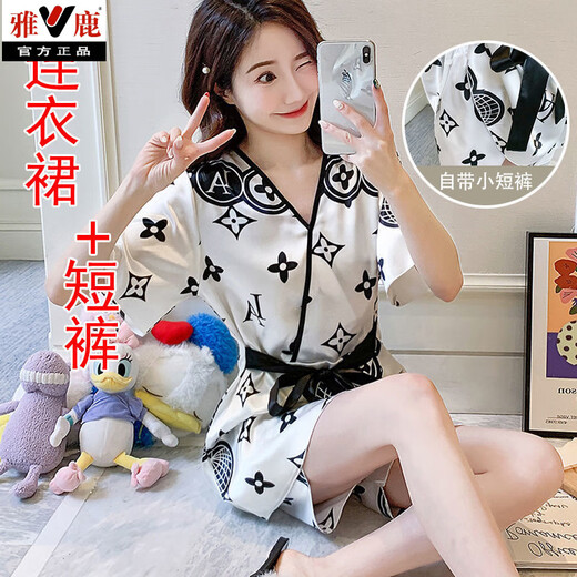 雅鹿网红大码200斤胖妹百搭冰丝睡裙女夏季薄款日式和服睡衣两件套装 1278白色圆圈字母【连衣裙+短裤 M 【80-95斤】