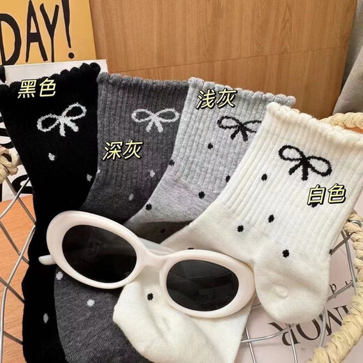 Socks for women, mid-calf socks, student style, solid color bow, Japanese cute polka dot lace with daddy shoes, pile of socks, 5 pairs, random colors, one size fits all