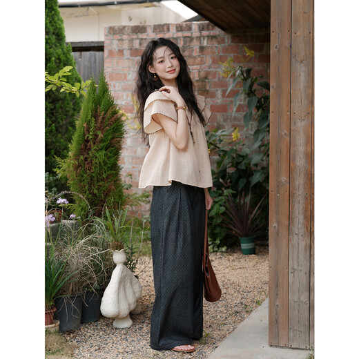 
Mystery Korean black ear plaid shirt for women 2025 summer new Korean version summer lotus leaf sleeve loose top for women honey orange top S