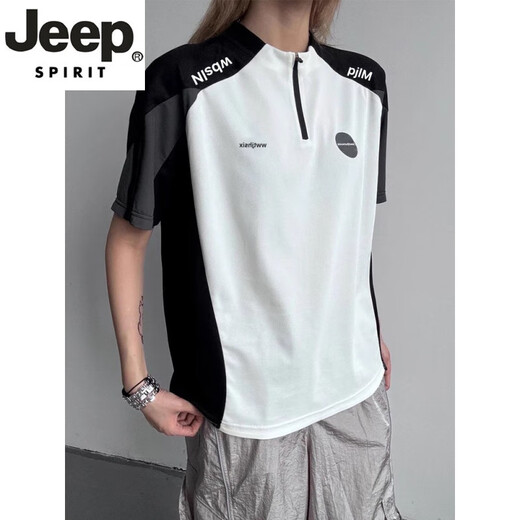 JEEP SPIRIT half-zip contrast stitching jersey short-sleeved men's summer cool quick-drying t-shirt sun protection feather sports cycling jersey white L