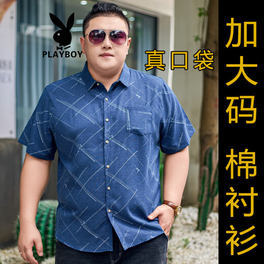 花花公子（PLAYBOY）棉衬衫男短袖加肥加大号半袖衬衣大码男装宽松薄款中年潮胖子肥佬 5155灰绿 4XL (建议170-195斤) 卡码拍大一