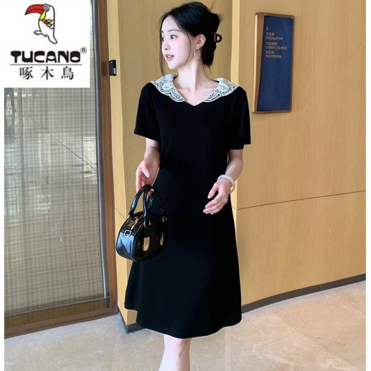 Specht (Tucano) 2025 Sommer französischer Mode High-End-Kleid mit leicht fettem Bauch und Taille Slimming A-Line Rock 687 Black S 80-95jin [Jin ist 0,5 kg]