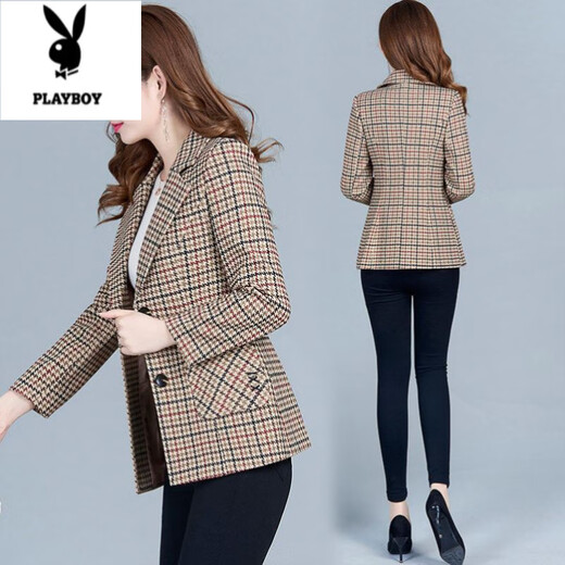 Playboy (PLAYBOY) short blazer for women 2025 new autumn style middle-aged spring autumn middle-aged mother autumn small suit western style plaid orange plaid 5XL recommended 138-150Jin Jin equals 0.5 kg