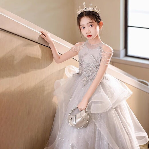 千硕森多场合百搭女童生日礼服高端轻奢小众公主裙儿童夏季花童主持钢琴 05香槟色+皇冠 140