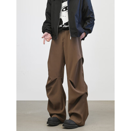 YORK ZOOM new product American loose wide-leg floor-length drape casual pants black pleated trousers for men carbon black XL