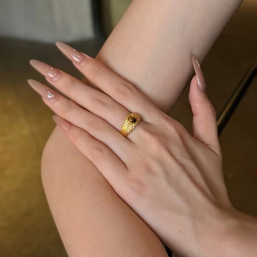 Yulongjing gold brushed tiger eye stone ring for women, new 999 solid gold dot diamond inlaid ring, closed ring for girlfriend, 12 circle size, gold about 2.1g-2.2g