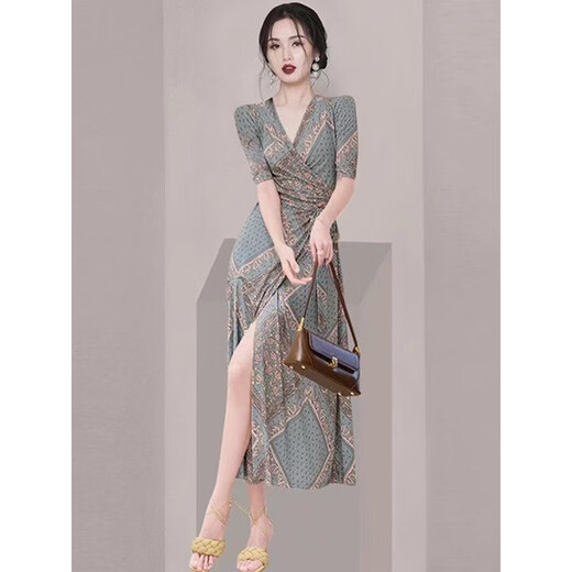 Gulan Dilly tall women's clothing 170-175 set lady temperament skirt goddess style V-neck dress women 2025 3519 black plum blossom S [normal delivery]