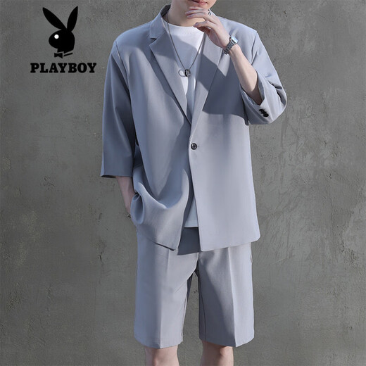 
Playboy (PLAYBOY) 2-piece short-sleeved suit for boys 2025 summer new suit jacket with five-point trousers for men dark gray S