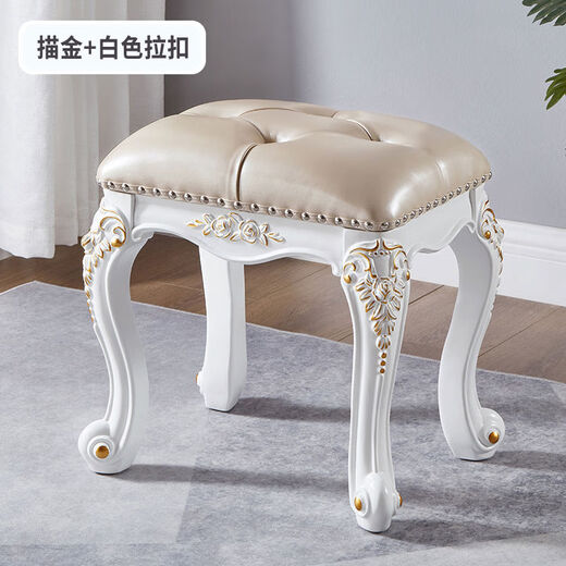European French style solid wood dressing stool, carved makeup stool, white light luxury princess stool, dressing table stool, soft bag makeup stool, all solid wood, white buckle with gold finish