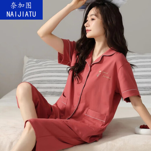 奈加图纯棉睡衣女士夏季短袖七分裤中青年款大码开衫套装常规款家居服 n9898七分裤开衫 M (80-100斤)