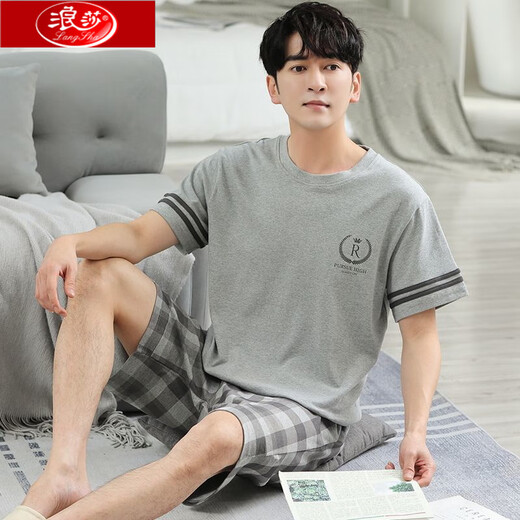 Langsha Pure Cotton Herren Pyjamas Sommer kurzärmelige Shorts Home Clothes Herren Sommer Dünne losen Plus-Size-Anzug HD9930 Kurzärärmig Anzug Herren L 100-130jin [Jin gleich 0,5 kg]