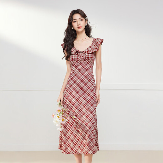 IEF/Aiyifu skirt 2025 summer new French retro plaid design sense commuter slim vest long skirt red and white plaid M