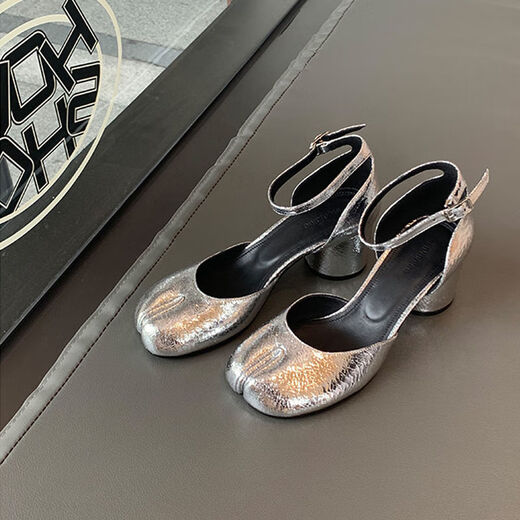 Feizhi one-length belt fairy style Mary Zhen shoes for women 2025 new thick heel silver single shoes light mouth niche toe pig trotter shoes 9856 silver 34