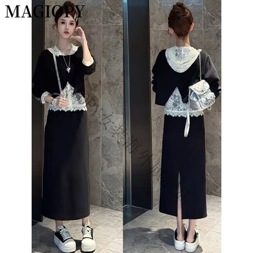 Magiopy International Luxus High-End-Marke Spring Korean Schwarzer Freizeitanzug Frauen modische Spitzenbasis-Hemd Außenbeschläge Schwarze Hosen dreiteilige Sets (100 Jin [Jin gleich 0,5 kg]))