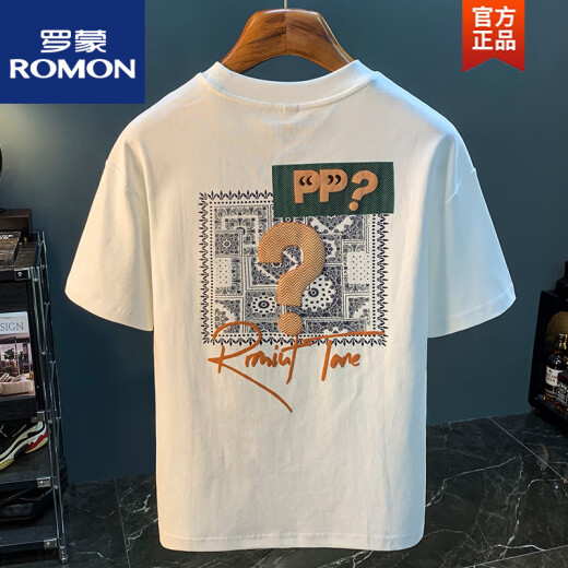 ROMON short-sleeved T-shirt men's 2025 summer thin fashion printed T-shirt Xinjiang cotton round neck half-sleeved men's top t white 2 ZJ1047 fit version M suitable for 90108Jin [Jin equals 0.5 kg]