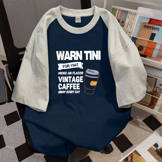 Metersbonwe pure cotton short-sleeved T-shirt men's summer American retro raboss sleeve top color-blocking loose versatile couple half-sleeved T-shirt P55-light gray paired navy blue-[C694] S 60-80Jin[Jin equals 0.5 kg]