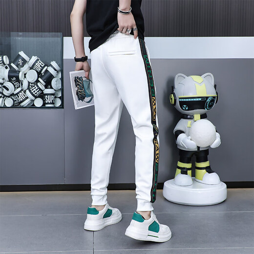 花花公子（PLAYBOY）休闲裤男士2025新款夏季潮流条纹刺绣时尚运动卫裤欧货束脚长裤 白色9926【休闲裤】 30