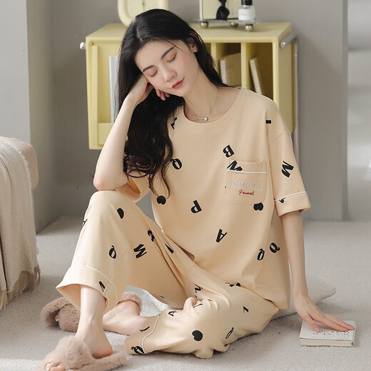 UKUHPK cotton pajamas for women in summer short-sleeved cropped pants sports style loose and casual can be worn outside spring home clothing suit T-9856 (short suit) M (80-100Jin [Jin equals 0.5 kg])