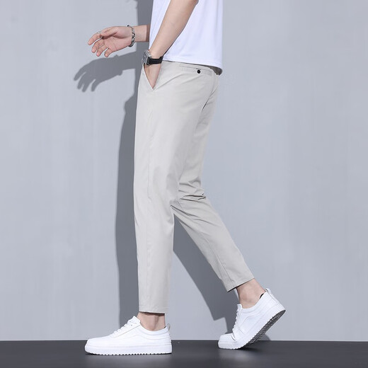 梦特娇（MONTAGUT）冰丝休闲裤男士修身直筒夏季薄款九分西裤2025新款弹力长裤子潮牌 79t9905 浅灰 28