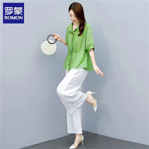 ROMON Cotton Line Suit Women's 2025 Summer New Loose Casual Fashion Large-Size Wide Leg Pants Line Dropping Two-Piece Set Light Bean Green Top + Rice Apricot Pants L (110-125)