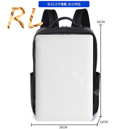GOLDWINI RL轻奢品牌男士双肩包大容量真皮背包商务电脑防水休闲旅行背包 黑色