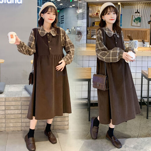 Maternity dress spring and autumn new plaid slimming fake two-piece dress loose maternity autumn skirt brown fake two-piece dress L (recommended 115-130 Jin Jin equals 0.5 kg)