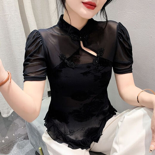 Deluobin (deluobin) Hebilla de verano Femenino Cuerpo delgado 2025 Fashion Sprod de primavera y verano Collar Mesh Camiseta de manga corta para mujeres Nuevos 3891 Diseño micro-transparente de manga corta l